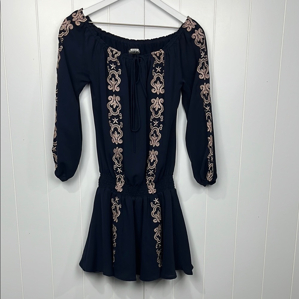 Union of Angels Womens Dress M Navy/Cream Drop Smocking Waist Off Shoulder Lined